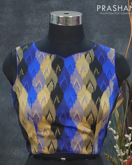 Readymade brocade blouse royal blue and black with allover ikat weaves & sleeve attaced and back open - {{ collection.title }} by Prashanti Sarees