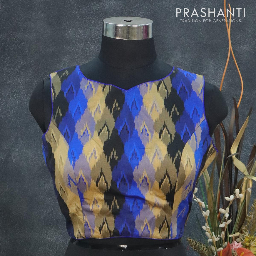 Readymade brocade blouse royal blue and black with allover ikat weaves & sleeve attaced and back open - {{ collection.title }} by Prashanti Sarees