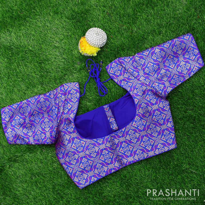 Readymade brocade blouse royal blue with allover bandhani prints and back knot - {{ collection.title }} by Prashanti Sarees