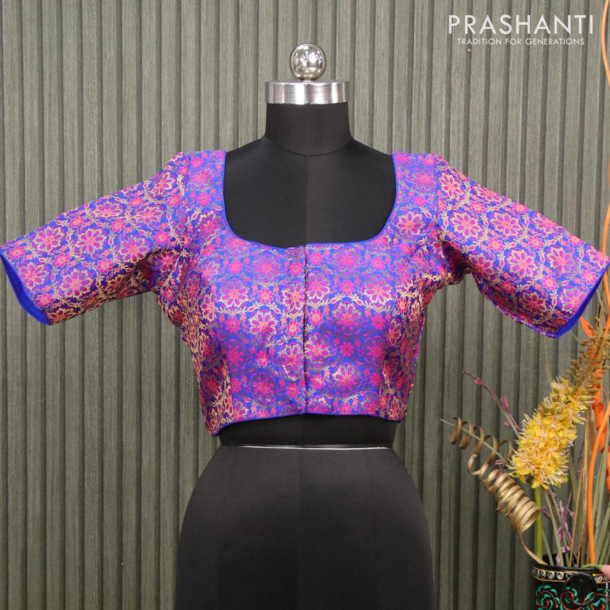 Readymade brocade blouse royal blue with allover floral zari weaves and back knot - {{ collection.title }} by Prashanti Sarees