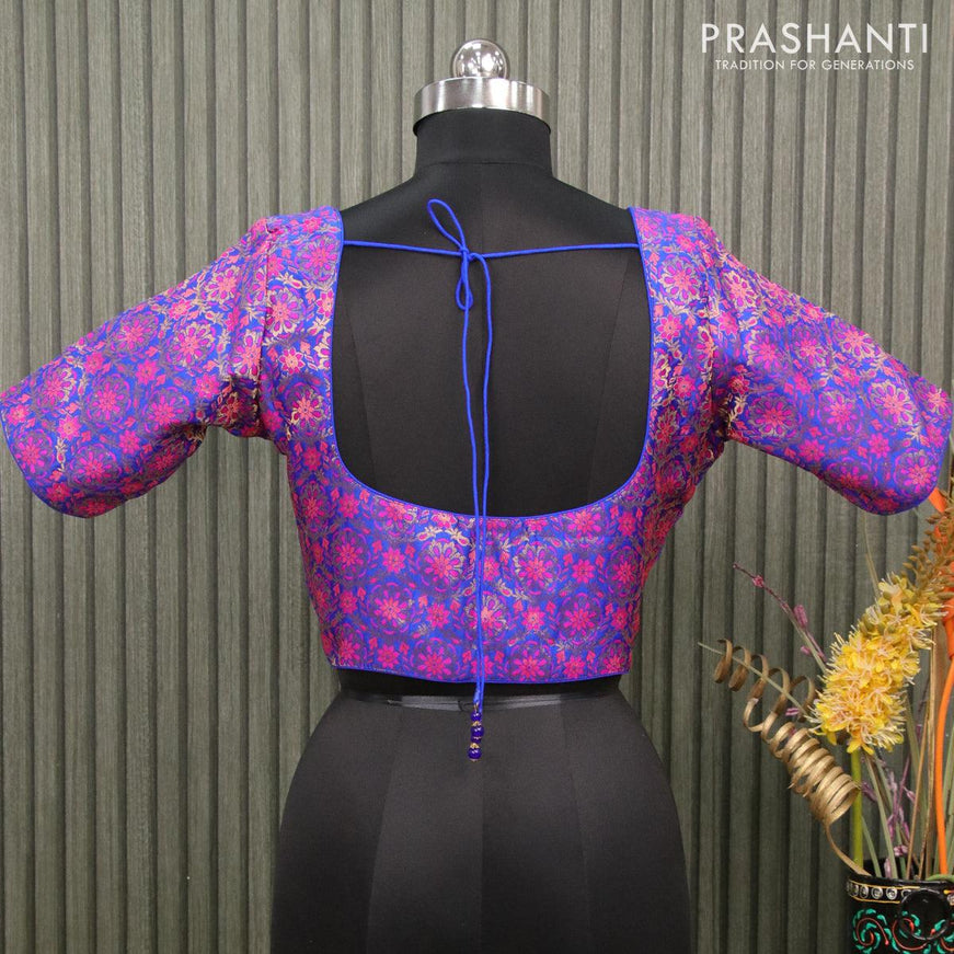 Readymade brocade blouse royal blue with allover floral zari weaves and back knot - {{ collection.title }} by Prashanti Sarees