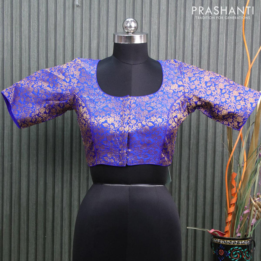 Readymade brocade blouse royal blue with allover zari woven brocade weaves and back knot - {{ collection.title }} by Prashanti Sarees