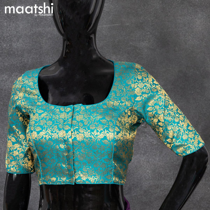 Readymade brocade blouse teal blue with allover floral zari weaves and back knot - {{ collection.title }} by Prashanti Sarees