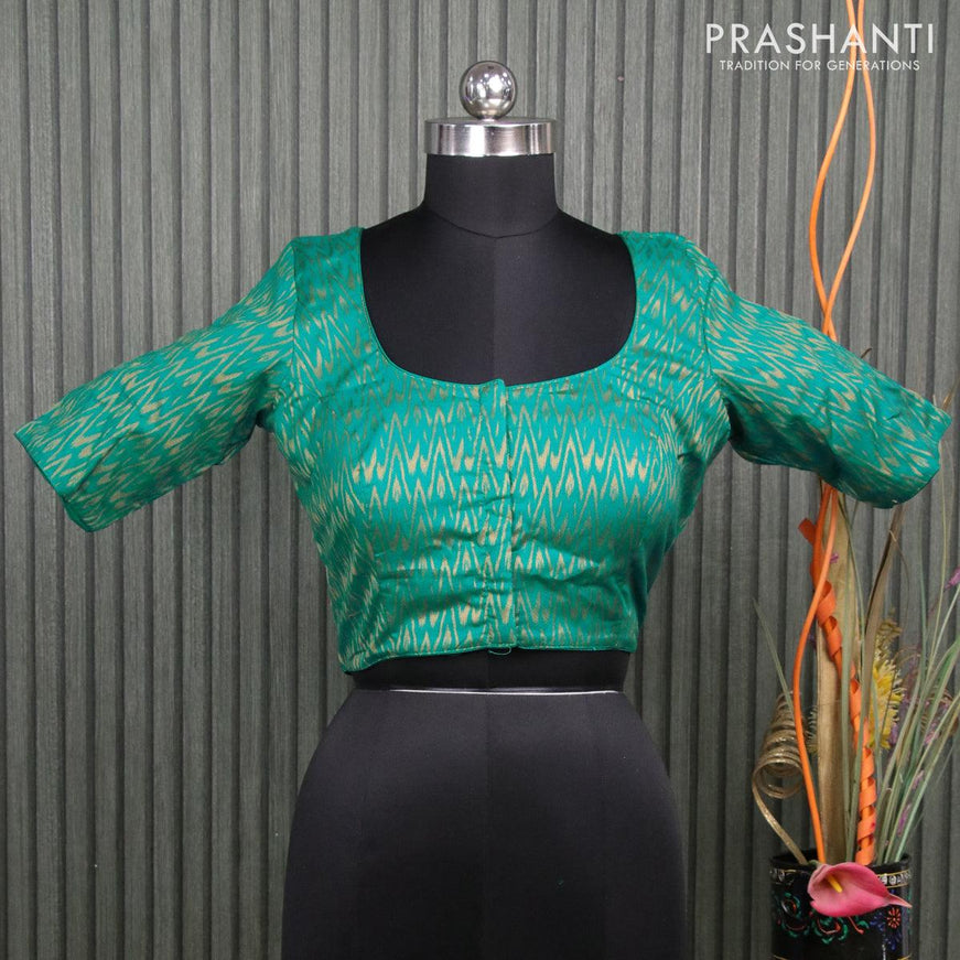 Readymade brocade blouse teal blue with allover ikat zari weaves and back knot - {{ collection.title }} by Prashanti Sarees