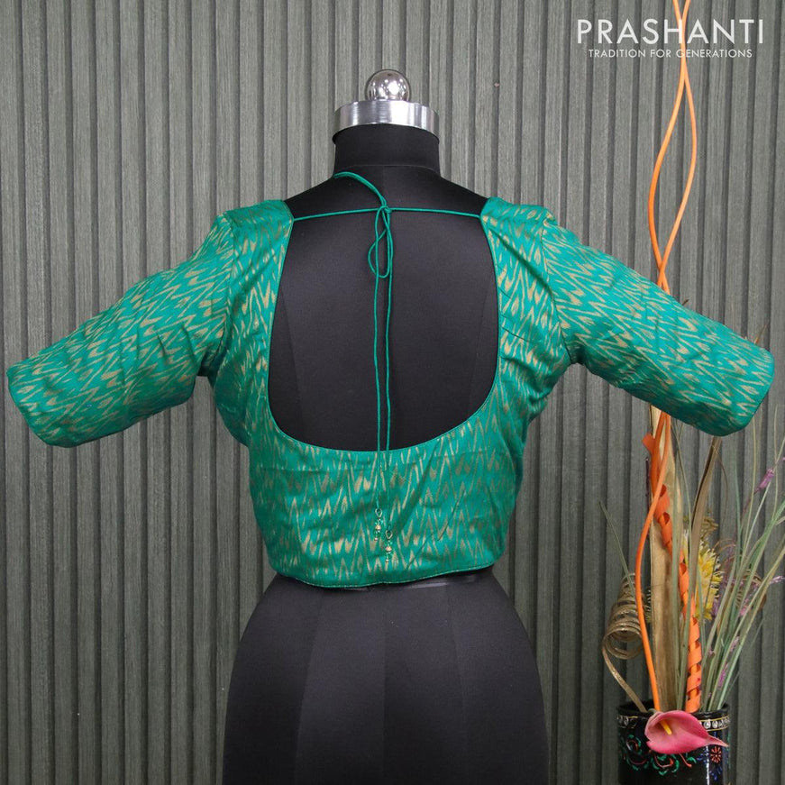 Readymade brocade blouse teal blue with allover ikat zari weaves and back knot - {{ collection.title }} by Prashanti Sarees