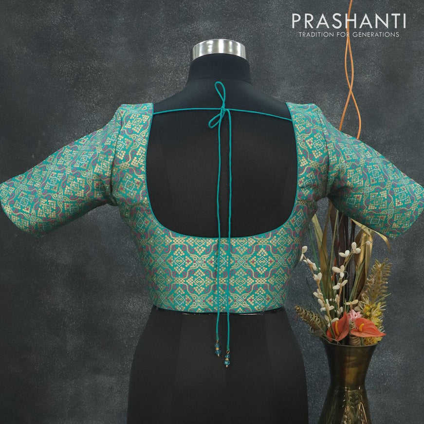 Readymade brocade blouse teal green with allover bandhani prints and back knot - {{ collection.title }} by Prashanti Sarees