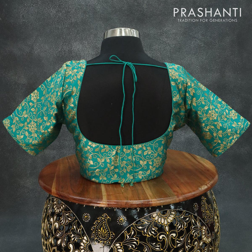 Readymade brocade blouse teal green with allover brocade weaves and back knot - {{ collection.title }} by Prashanti Sarees