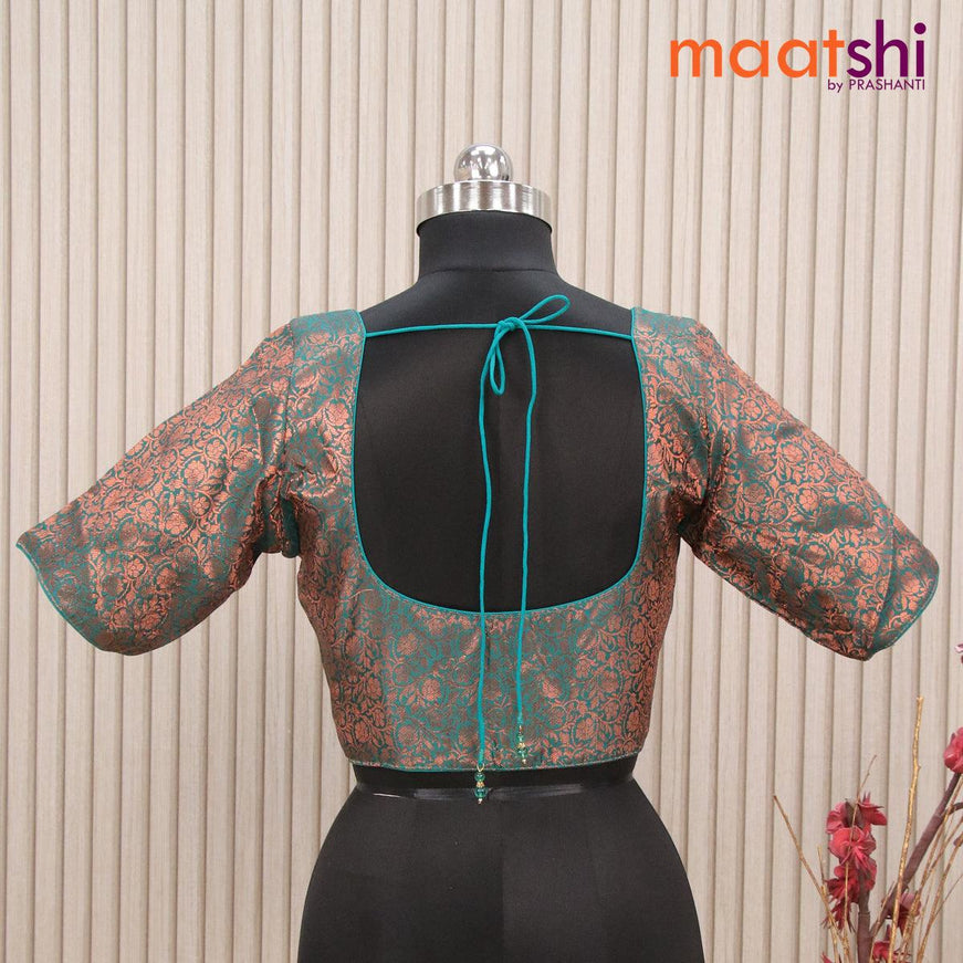 Readymade brocade blouse teal green with allover copper zari floral weaves and back knot - {{ collection.title }} by Prashanti Sarees