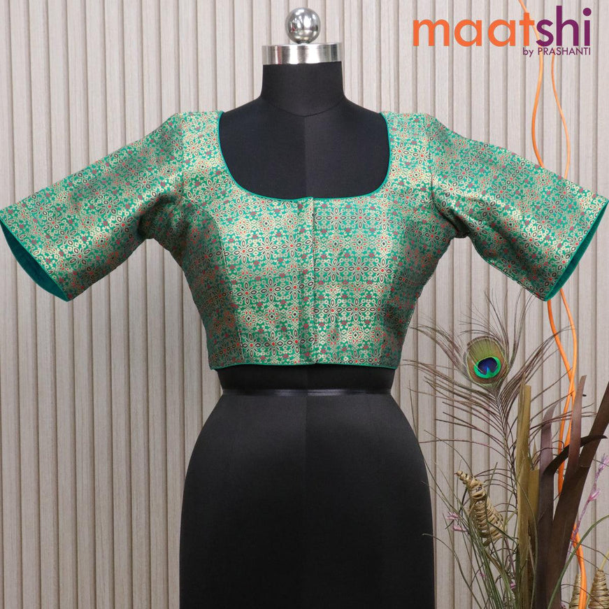 Readymade brocade blouse teal green with allover floral zari weaves and back knot - {{ collection.title }} by Prashanti Sarees