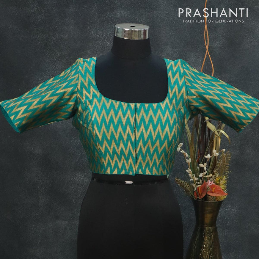 Readymade brocade blouse teal green with allover ikat weaves and back knot - {{ collection.title }} by Prashanti Sarees