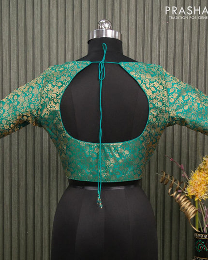 Readymade brocade blouse teal green with allover zari weaves and back knot - {{ collection.title }} by Prashanti Sarees