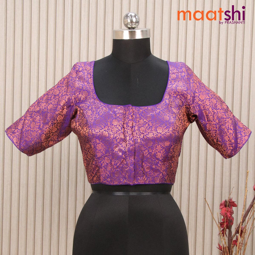 Readymade brocade blouse violet with allover copper zari floral weaves and back knot - {{ collection.title }} by Prashanti Sarees