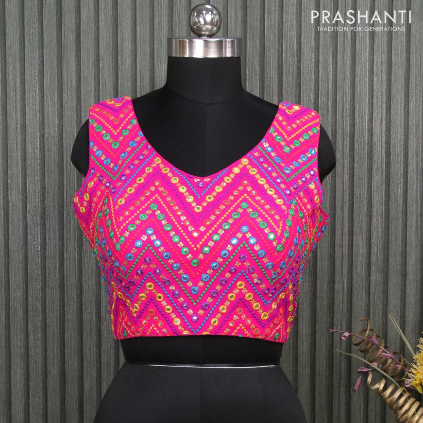 Readymade georgette sleeveless blouse pink with allover embroidery mirror work & v shape neck pattern and back open - {{ collection.title }} by Prashanti Sarees
