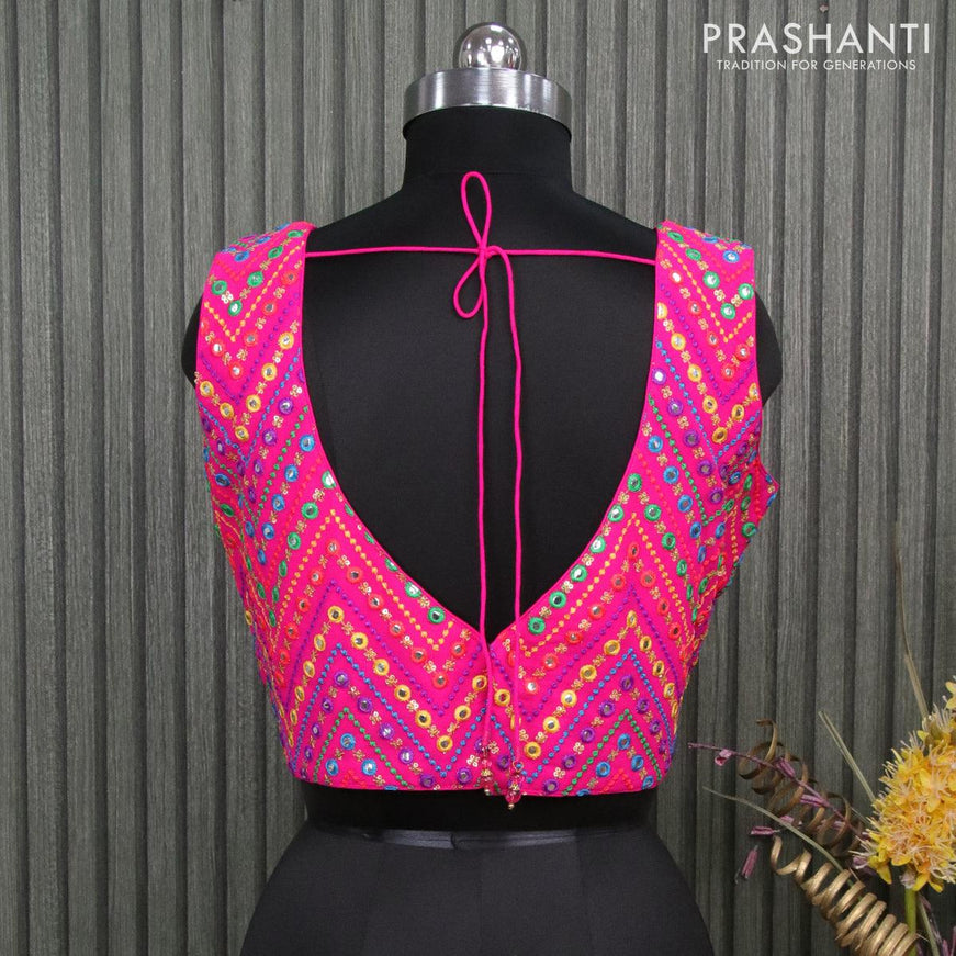 Readymade georgette sleeveless blouse pink with allover embroidery mirror work & v shape neck pattern and back open - {{ collection.title }} by Prashanti Sarees
