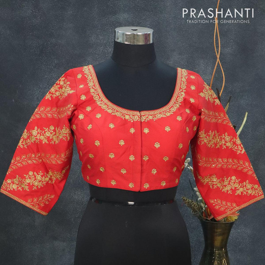 Readymade raw silk blouse red with embroidery work and back knot - {{ collection.title }} by Prashanti Sarees