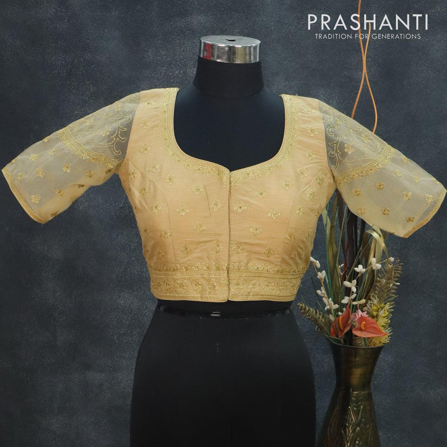 Readymade raw silk blouse sandal and embroidery work with back and sleeve netted pattern - {{ collection.title }} by Prashanti Sarees