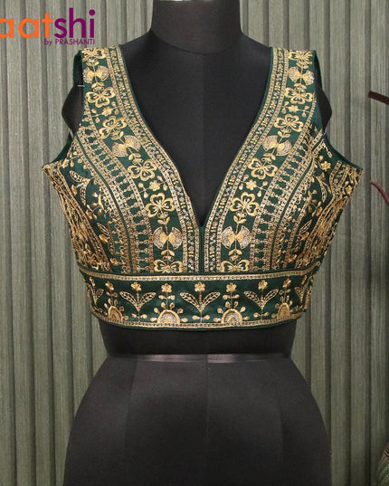 Readymade raw silk sleeveless blouse bottle green with embroidery work & v shape neck pattern and back open - {{ collection.title }} by Prashanti Sarees