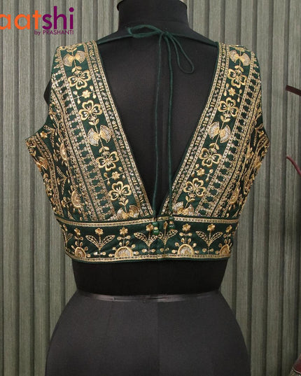 Readymade raw silk sleeveless blouse bottle green with embroidery work & v shape neck pattern and back open - {{ collection.title }} by Prashanti Sarees