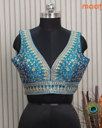 Readymade raw silk sleeveless blouse cs blue with embroidery work & v shape neck pattern and back open - {{ collection.title }} by Prashanti Sarees