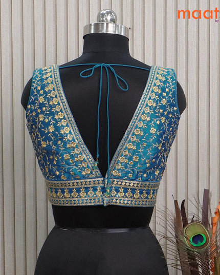 Readymade raw silk sleeveless blouse cs blue with embroidery work & v shape neck pattern and back open - {{ collection.title }} by Prashanti Sarees