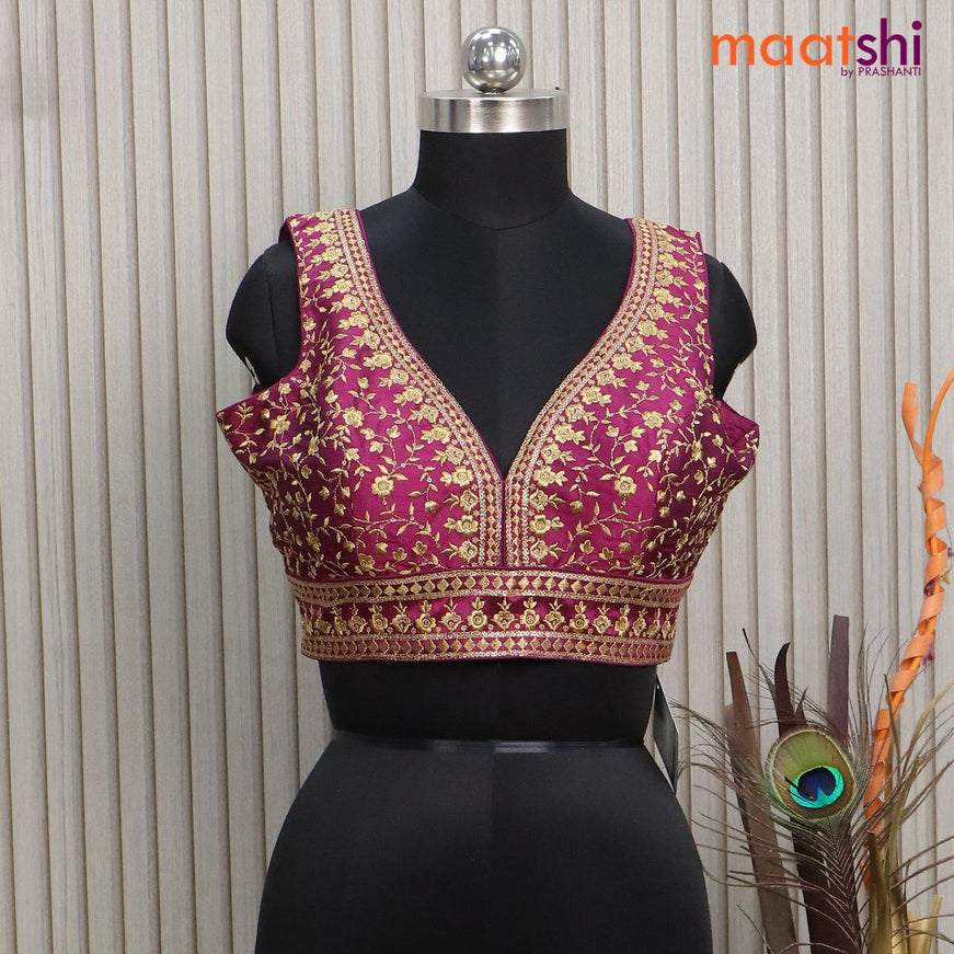 Readymade raw silk sleeveless blouse dark magenta with embroidery work & v shape neck pattern and back open - {{ collection.title }} by Prashanti Sarees