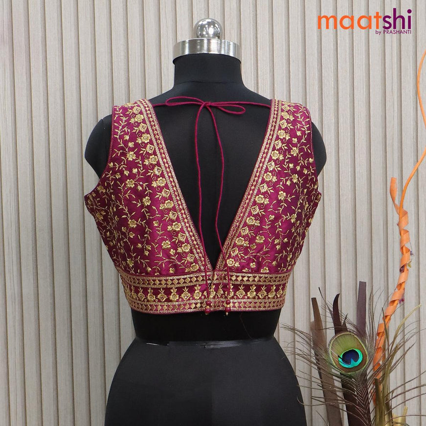 Readymade raw silk sleeveless blouse dark magenta with embroidery work & v shape neck pattern and back open - {{ collection.title }} by Prashanti Sarees