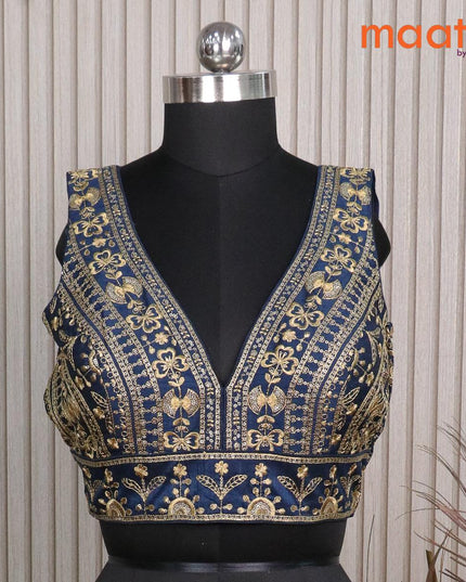 Readymade raw silk sleeveless blouse dark peacock blue with embroidery work & v shape neck pattern and back open - {{ collection.title }} by Prashanti Sarees