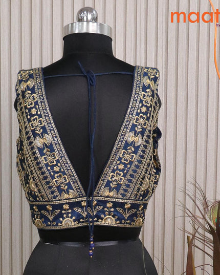 Readymade raw silk sleeveless blouse dark peacock blue with embroidery work & v shape neck pattern and back open - {{ collection.title }} by Prashanti Sarees
