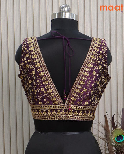 Readymade raw silk sleeveless blouse deep purple with embroidery work & v shape neck pattern and back open - {{ collection.title }} by Prashanti Sarees