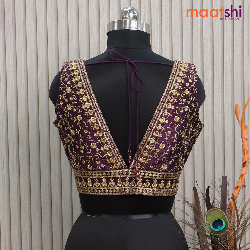 Readymade raw silk sleeveless blouse deep purple with embroidery work & v shape neck pattern and back open - {{ collection.title }} by Prashanti Sarees