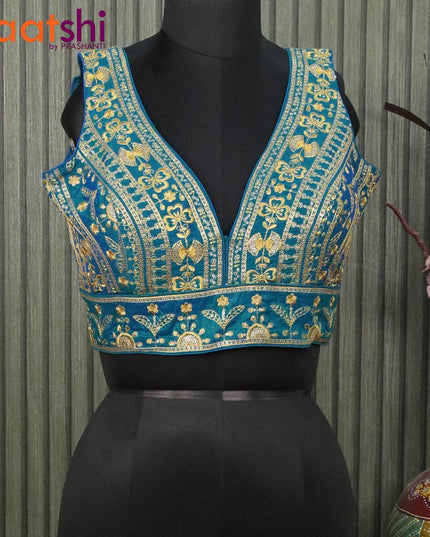 Readymade raw silk sleeveless blouse dual shade of blue with embroidery work & v shape neck pattern and back open - {{ collection.title }} by Prashanti Sarees