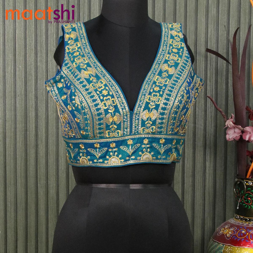 Readymade raw silk sleeveless blouse dual shade of blue with embroidery work & v shape neck pattern and back open - {{ collection.title }} by Prashanti Sarees