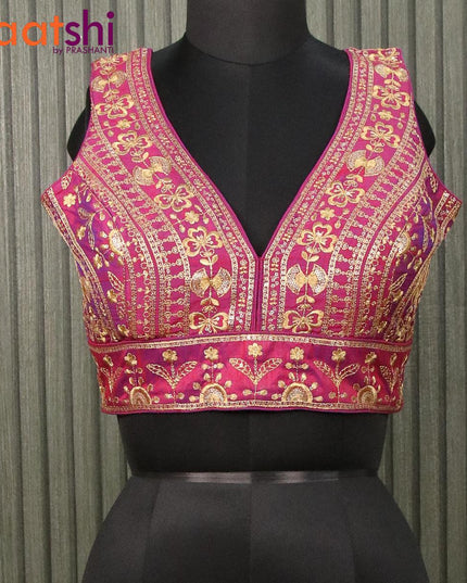 Readymade raw silk sleeveless blouse dual shade of magenta pink with embroidery work & v shape neck pattern and back open - {{ collection.title }} by Prashanti Sarees