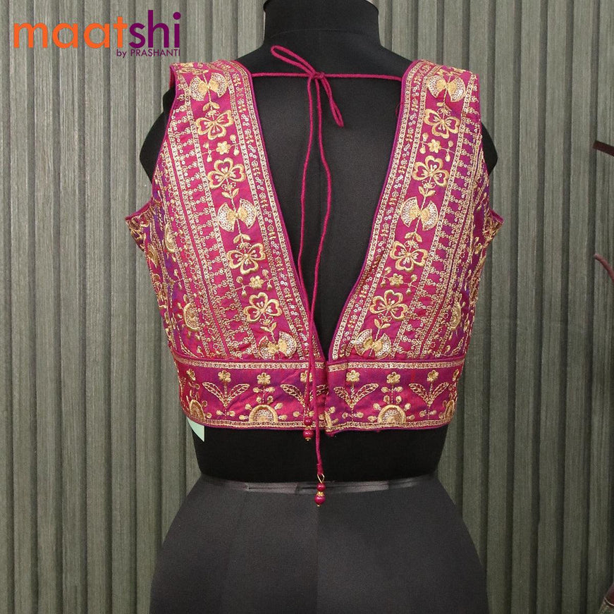 Readymade raw silk sleeveless blouse dual shade of magenta pink with embroidery work & v shape neck pattern and back open - {{ collection.title }} by Prashanti Sarees