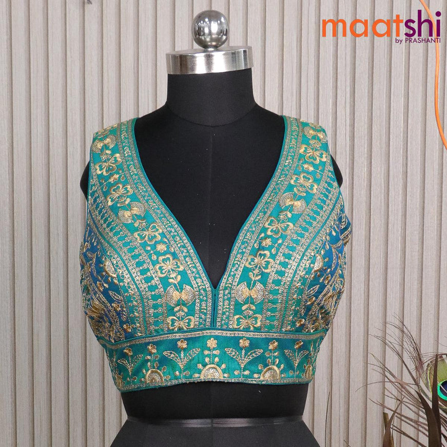 Readymade raw silk sleeveless blouse dual shade of peacock green with embroidery work & v shape neck pattern and back open - {{ collection.title }} by Prashanti Sarees