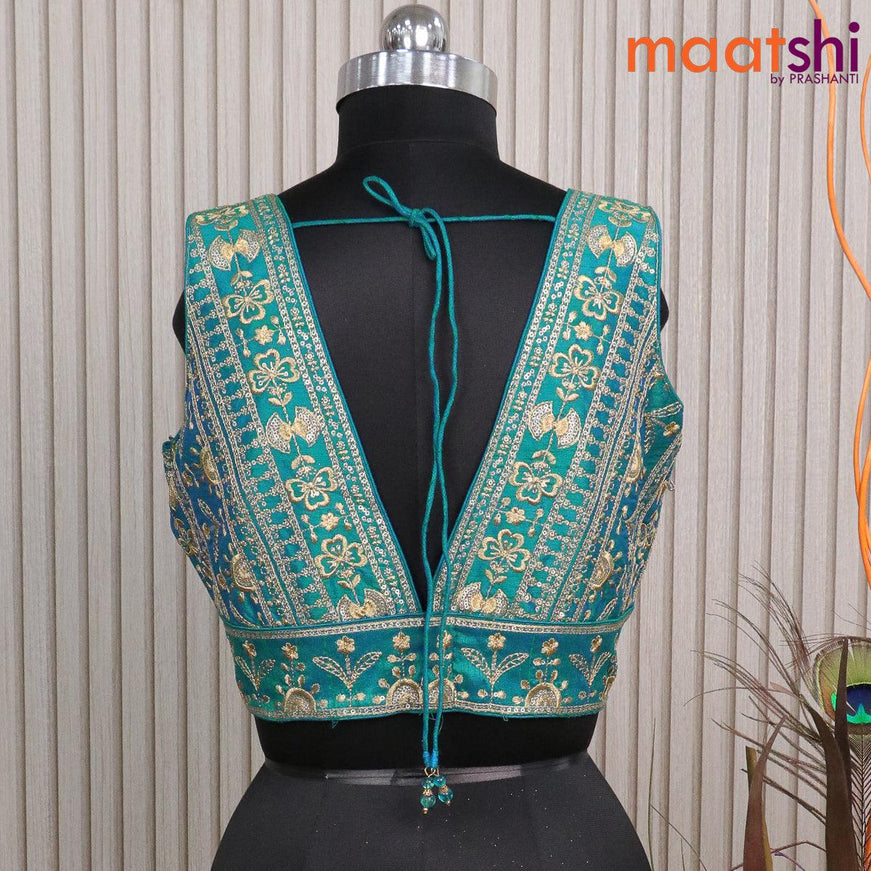 Readymade raw silk sleeveless blouse dual shade of peacock green with embroidery work & v shape neck pattern and back open - {{ collection.title }} by Prashanti Sarees