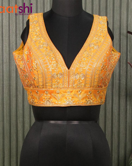 Readymade raw silk sleeveless blouse dual shade of yellow with embroidery work & v shape neck pattern and back open - {{ collection.title }} by Prashanti Sarees