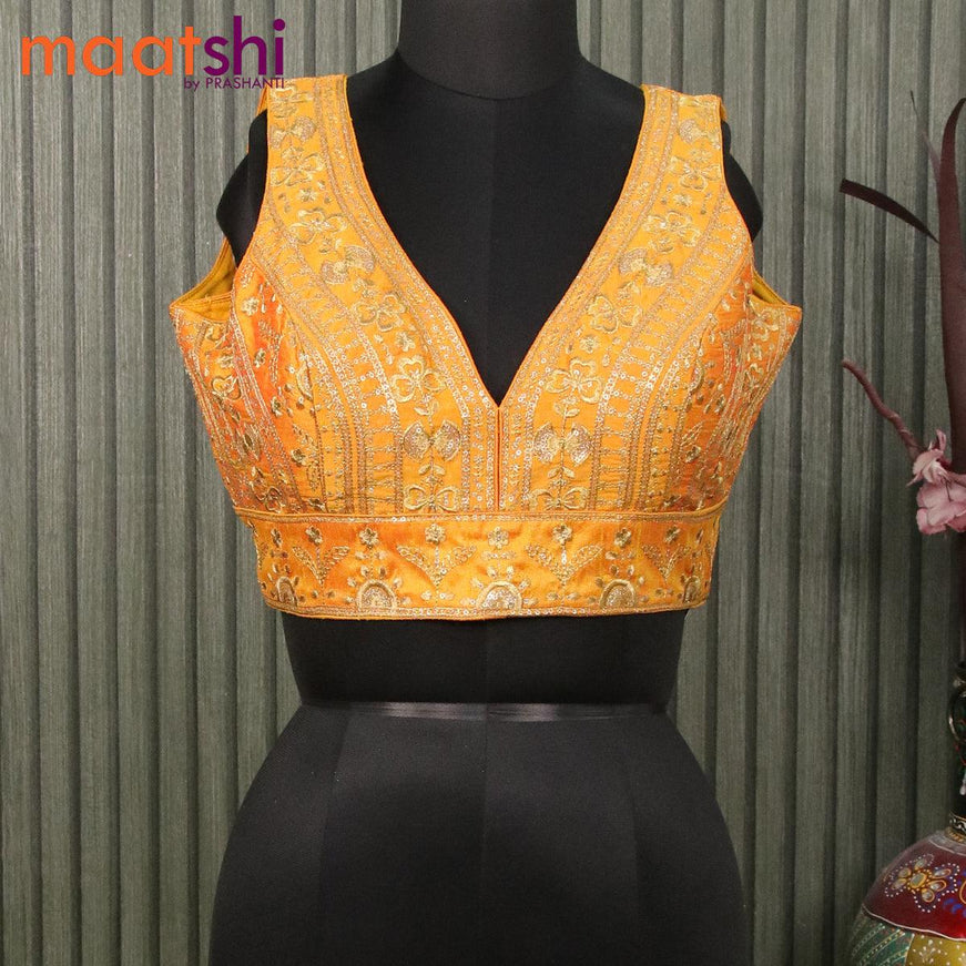 Readymade raw silk sleeveless blouse dual shade of yellow with embroidery work & v shape neck pattern and back open - {{ collection.title }} by Prashanti Sarees