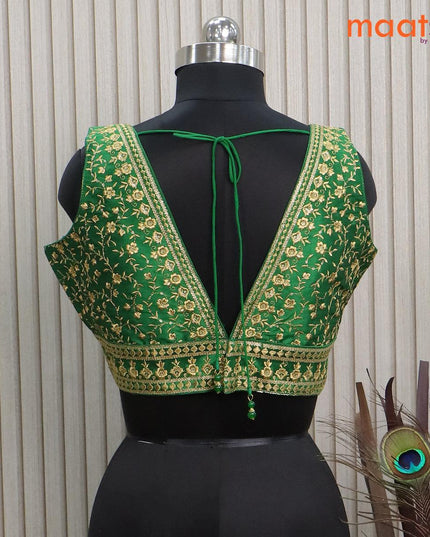 Readymade raw silk sleeveless blouse green with embroidery work & v shape neck pattern and back open - {{ collection.title }} by Prashanti Sarees