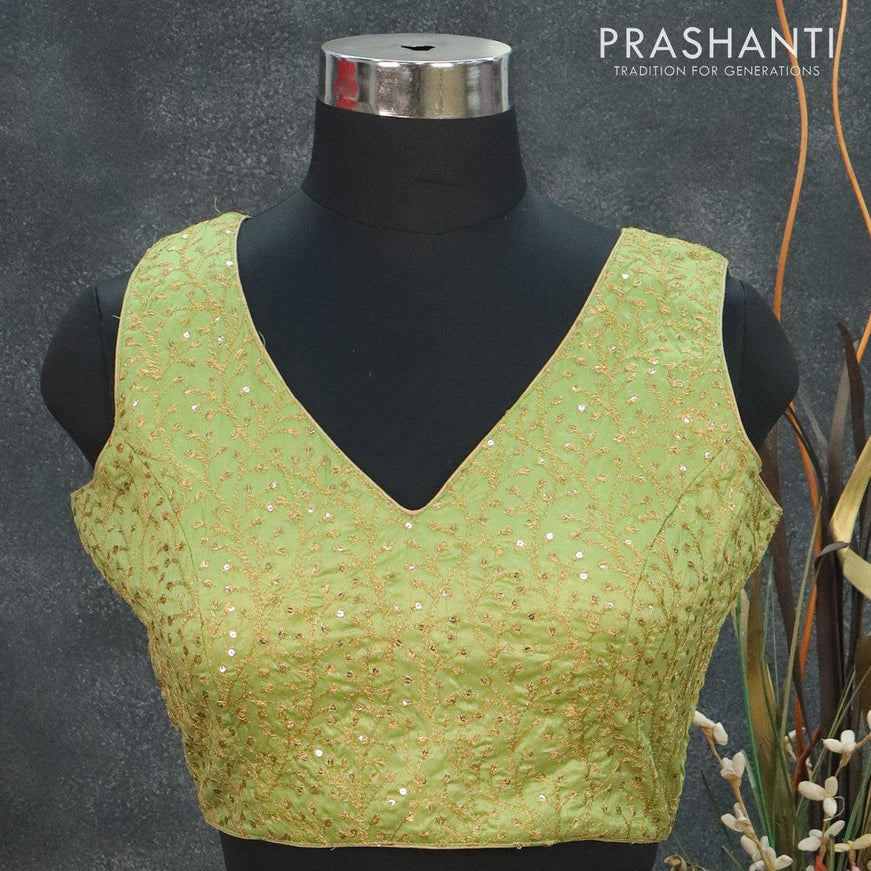Readymade raw silk sleeveless blouse light green and arri work with V shape neck pattern and back open - {{ collection.title }} by Prashanti Sarees