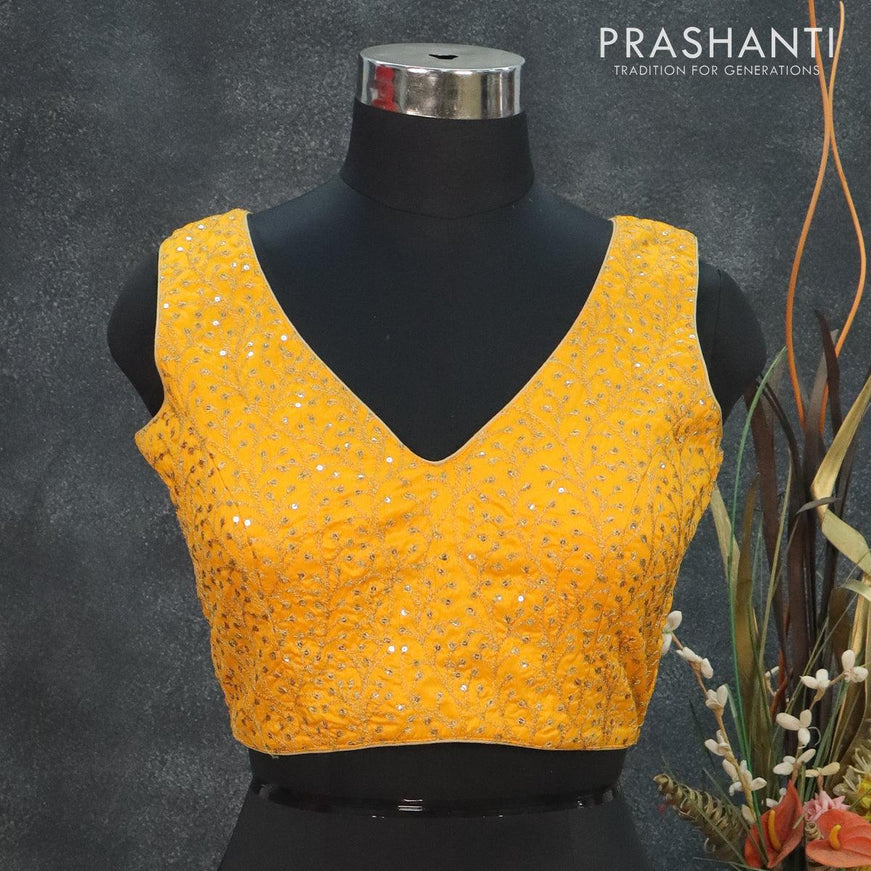 Readymade raw silk sleeveless blouse mango yellow and arri work with V shape neck pattern and back open - {{ collection.title }} by Prashanti Sarees