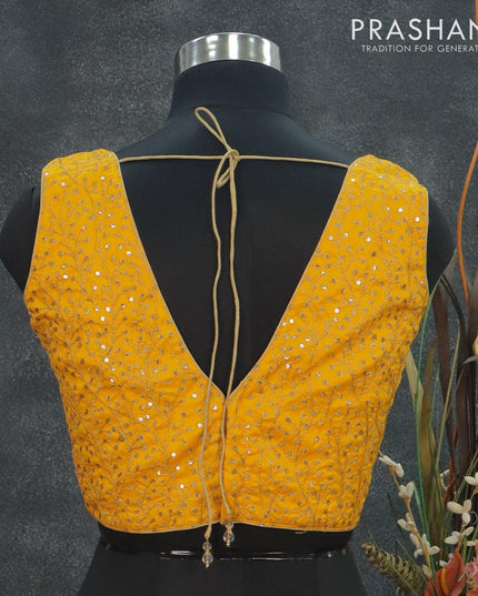 Readymade raw silk sleeveless blouse mango yellow and arri work with V shape neck pattern and back open - {{ collection.title }} by Prashanti Sarees
