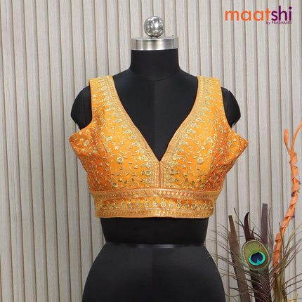Readymade raw silk sleeveless blouse mango yellow with embroidery work & v shape neck pattern and back open - {{ collection.title }} by Prashanti Sarees