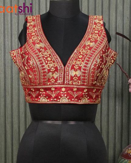 Readymade raw silk sleeveless blouse maroon with embroidery work & v shape neck pattern and back open - {{ collection.title }} by Prashanti Sarees