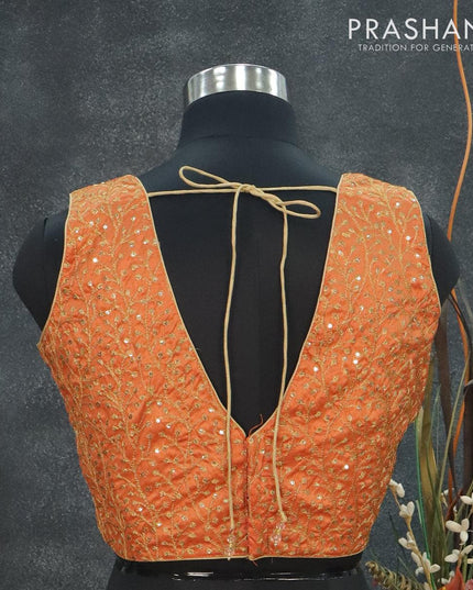 Readymade raw silk sleeveless blouse orange and arri work with V shape neck pattern and back open - {{ collection.title }} by Prashanti Sarees