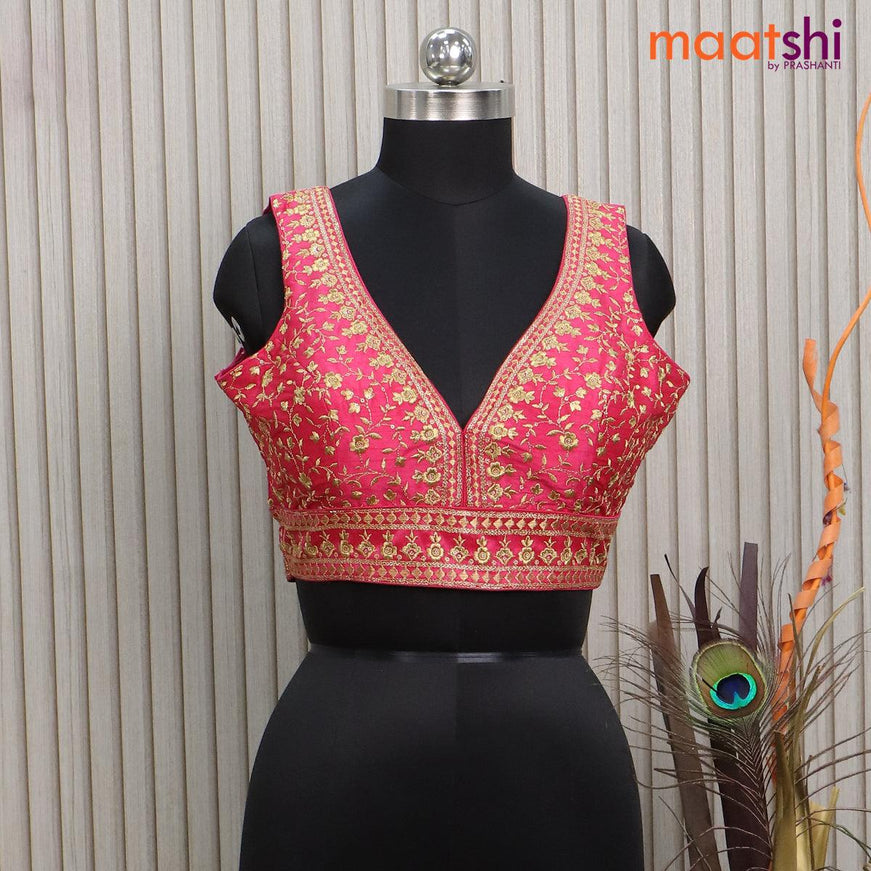 Readymade raw silk sleeveless blouse pink with embroidery work & v shape neck pattern and back open - {{ collection.title }} by Prashanti Sarees