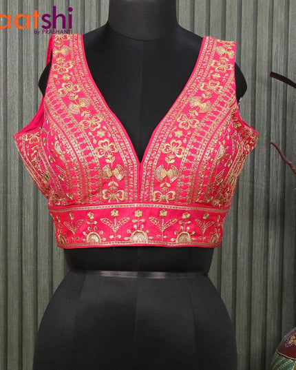 Readymade raw silk sleeveless blouse pink with embroidery work & v shape neck pattern and back open - - {{ collection.title }} by Prashanti Sarees