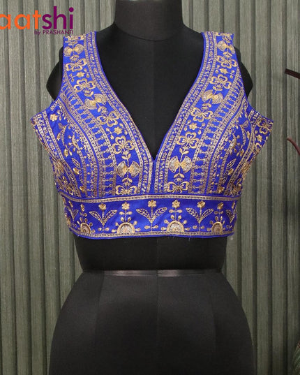 Readymade raw silk sleeveless blouse royal blue with embroidery work & v shape neck pattern and back open - - {{ collection.title }} by Prashanti Sarees