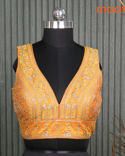 Readymade raw silk sleevesless blouse mango yellow with embroidery work & v shape neck pattern and back open - {{ collection.title }} by Prashanti Sarees