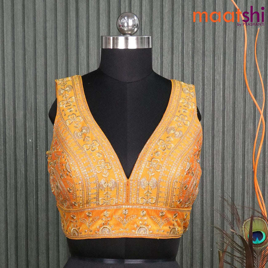 Readymade raw silk sleevesless blouse mango yellow with embroidery work & v shape neck pattern and back open - {{ collection.title }} by Prashanti Sarees